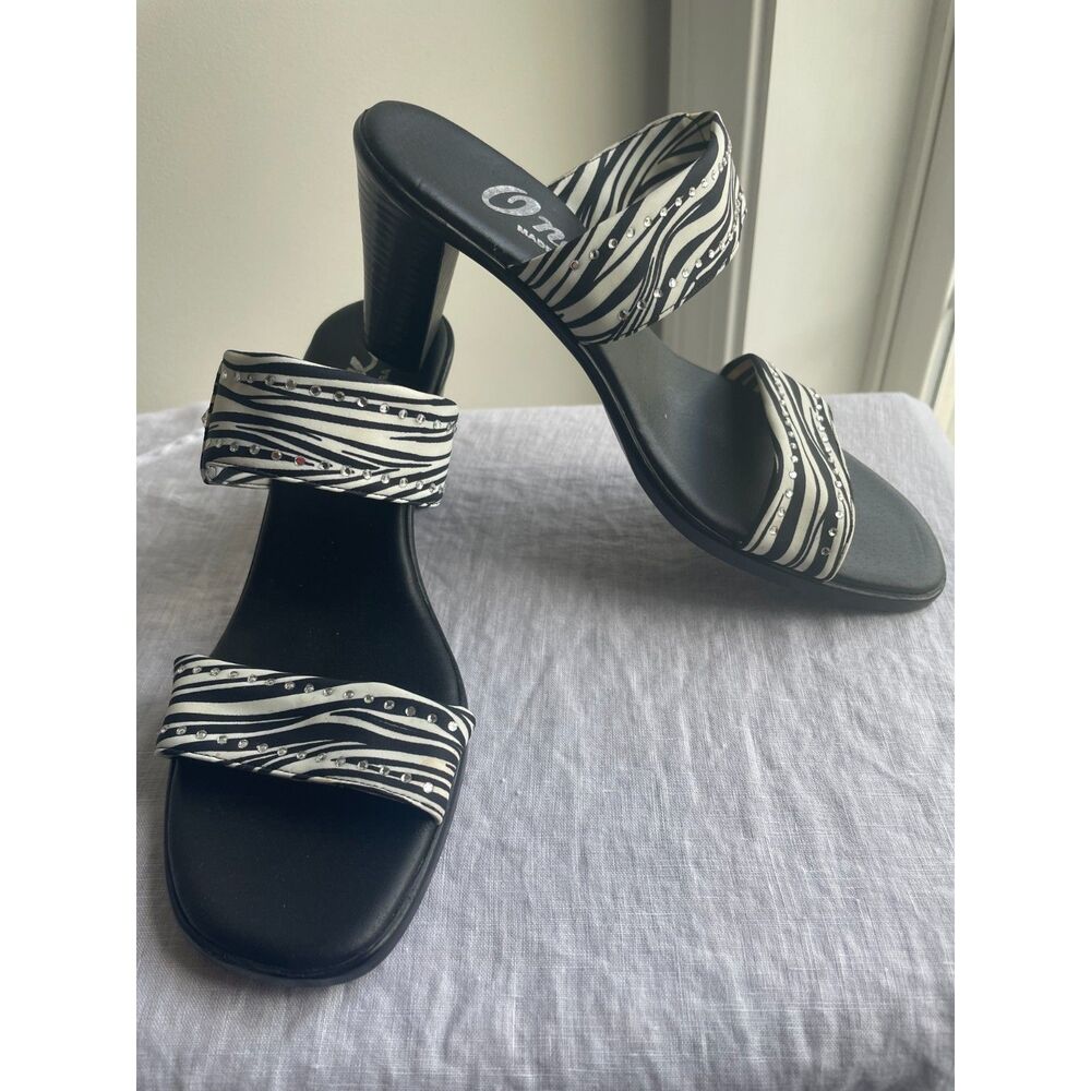 Black/White Animal Print Strappy High Heeled Sandals with Rhinestones Sz 8